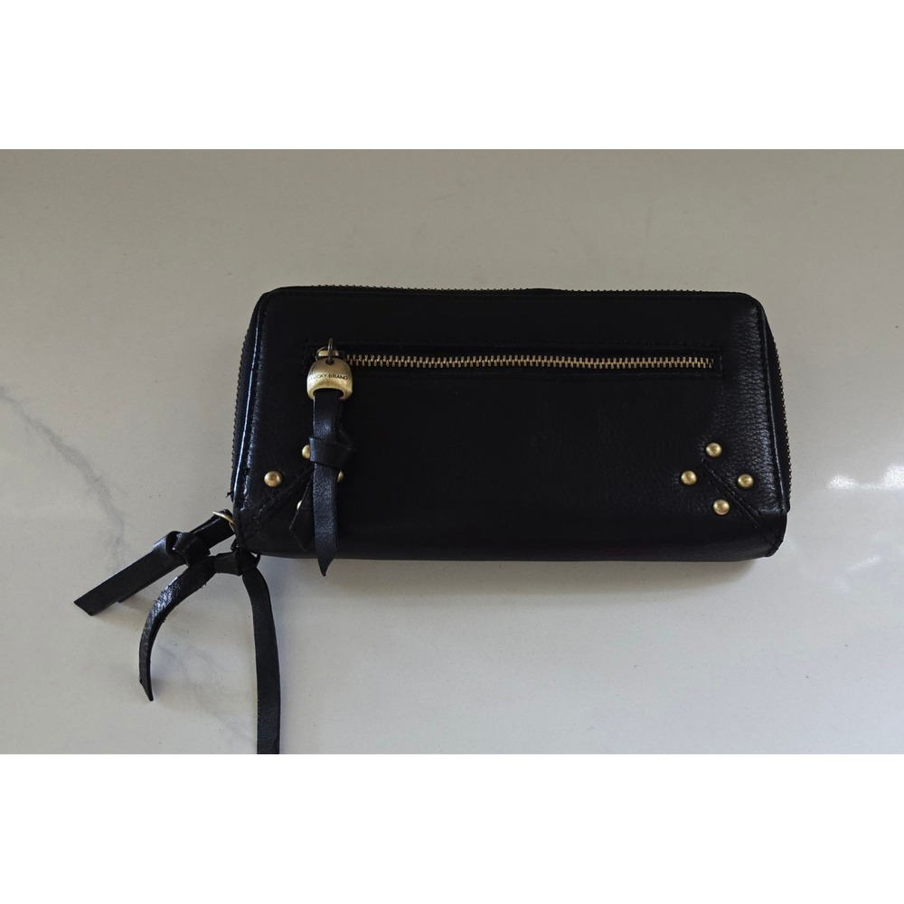 Lucky Brand Black Leather Studded Zip Around Wallet with Tassel Pulls